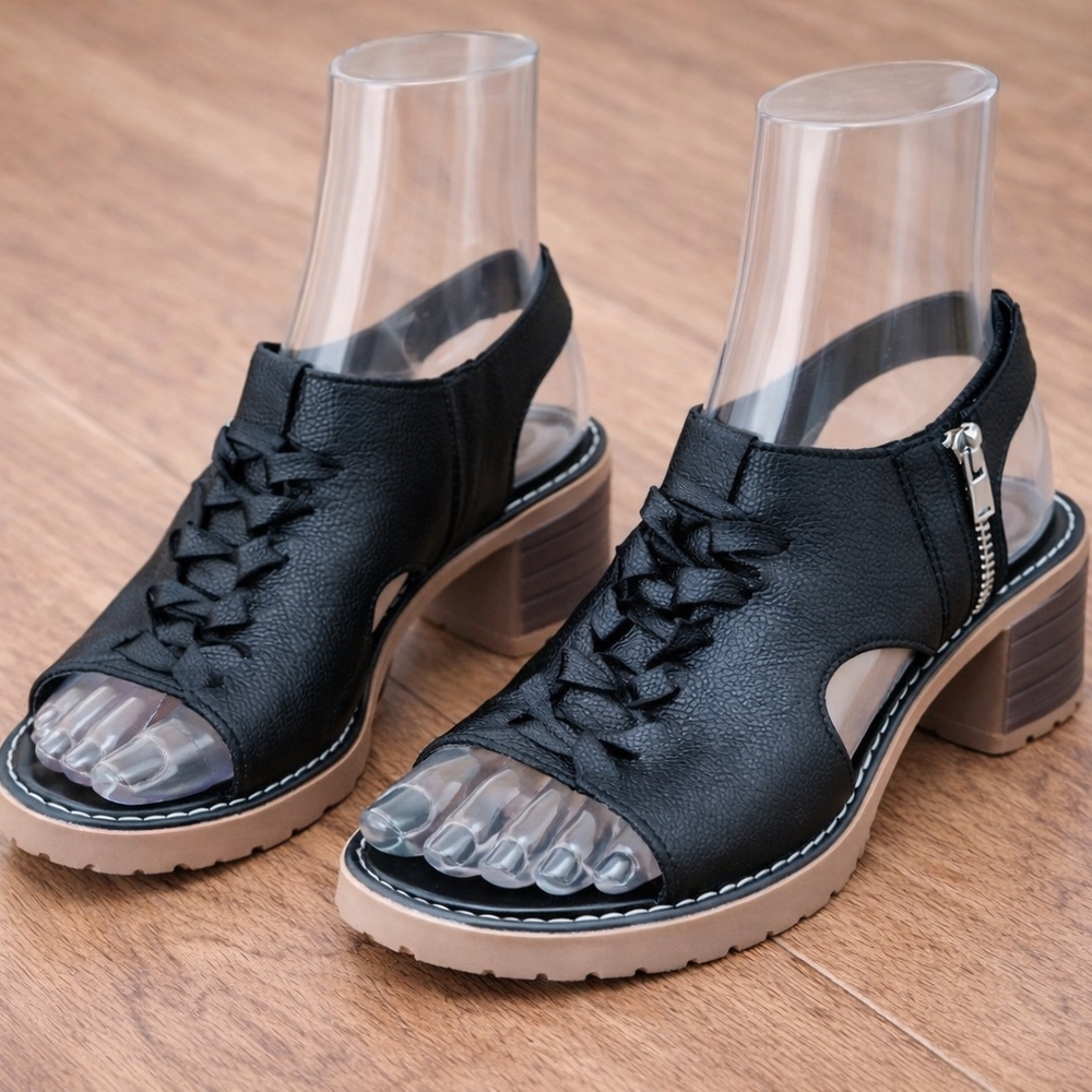 Jolimall Black Leather Women's Sandals
